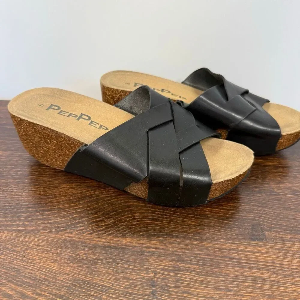 PepPep Womens black cork low wedge slide size 8